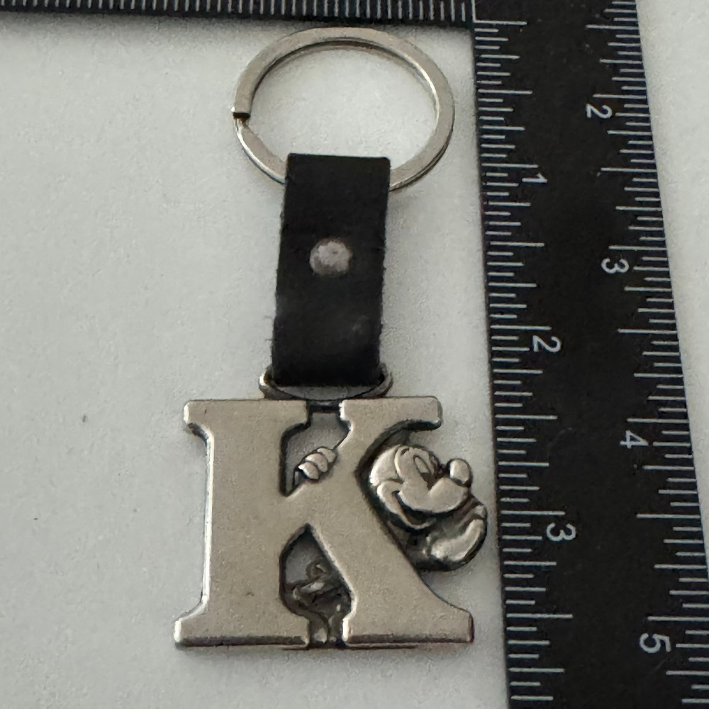 Disney Mickey Mouse Letter K Keychain Black Leather Strap Silver Tone